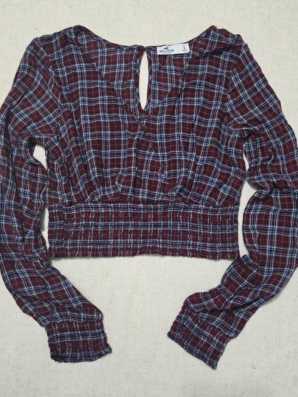 Hollister Plaid Smocked Crop Top Small Wrap Front Keyhole Back